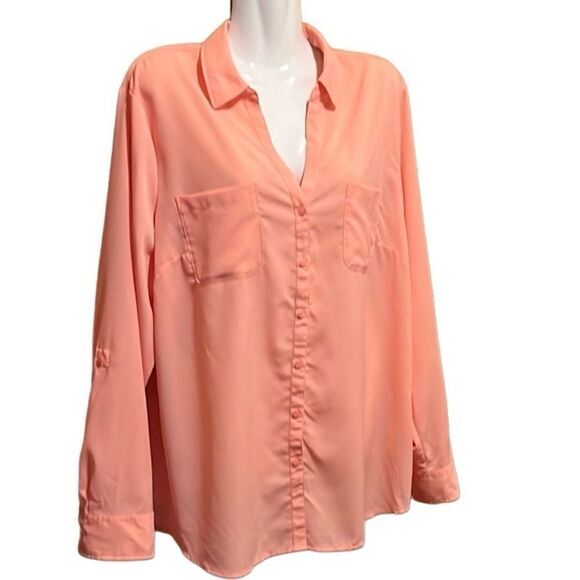 Talbots womens shirt XL peach button front chest pockets roll tab long sleeves - Picture 2 of 10